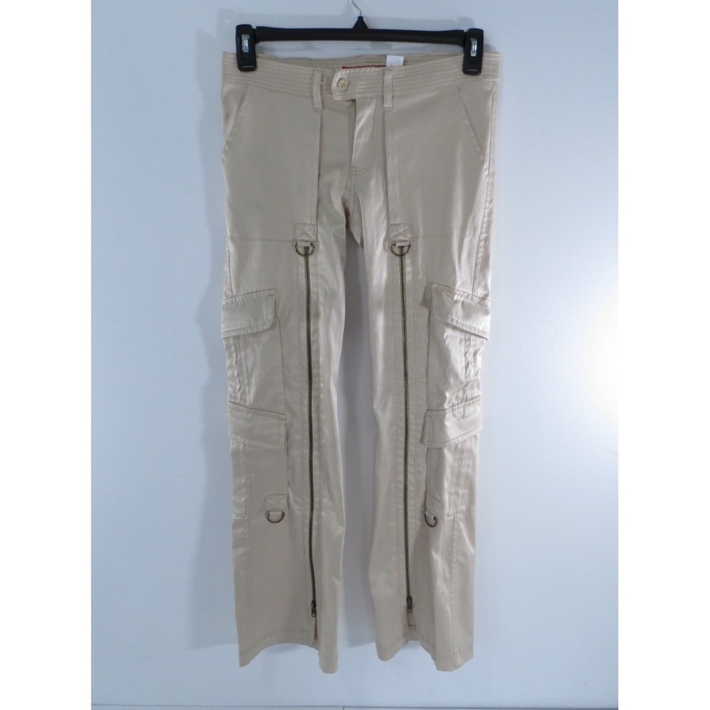 Vanilla Star Satin Flared Zip Leg Cargo Rave Pants Beige Size 5 Y2K 2000's